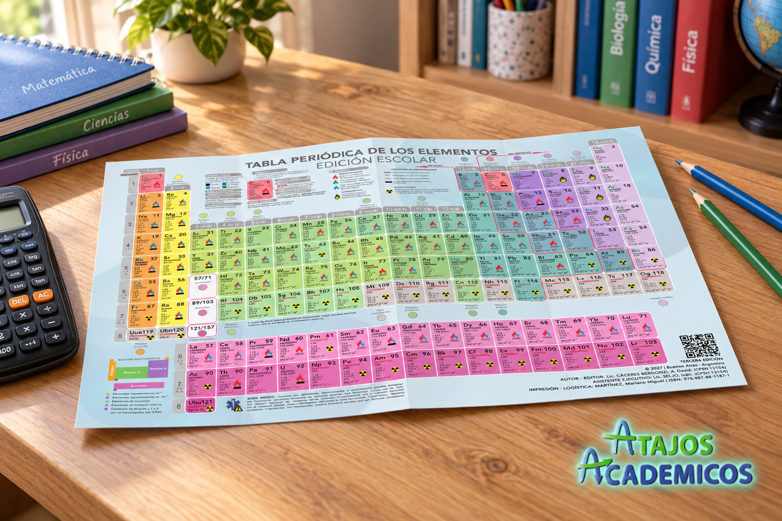 Tabla Periódica Escolar con pliegues suaves sobre un escritorio, junto a libros, lápices y calculadora