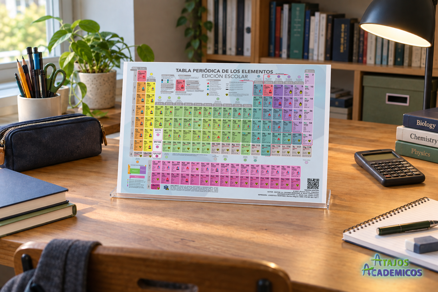 Tabla Periódica Escolar sobre un soporte discreto en un escritorio de estudio, con libros, útiles y calculadora