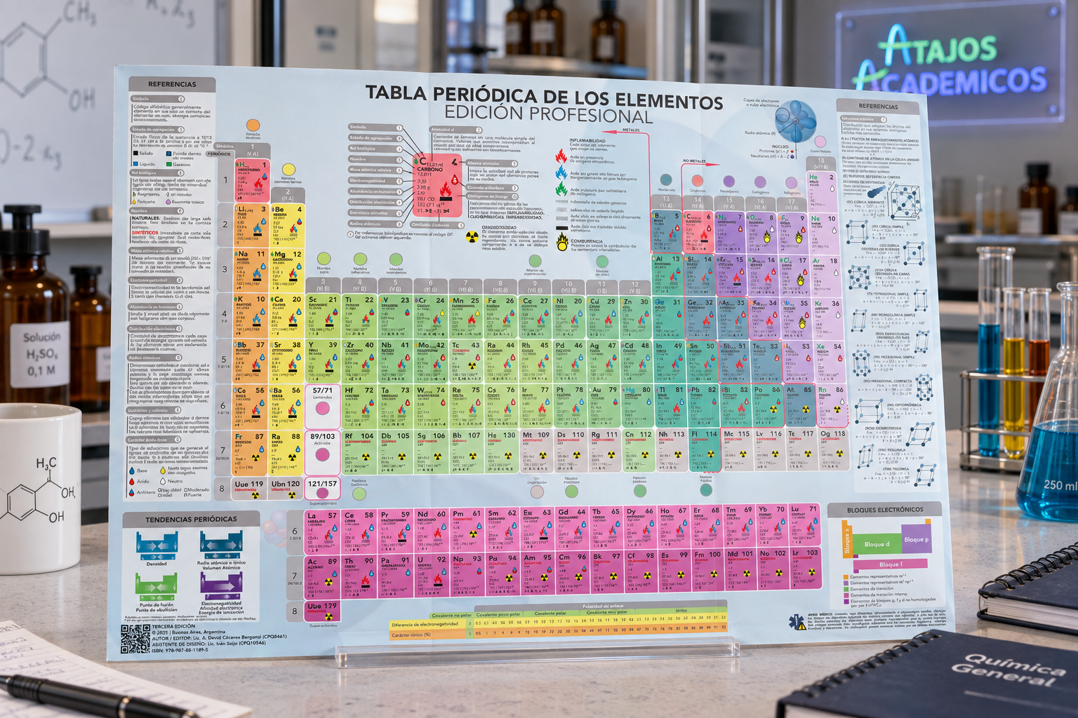 Tabla Periódica Profesional de Atajos Académicos integrada como material impreso en un laboratorio académico